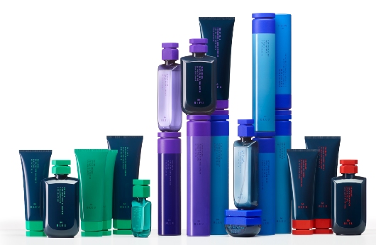 A stock image of haircare products separated by color